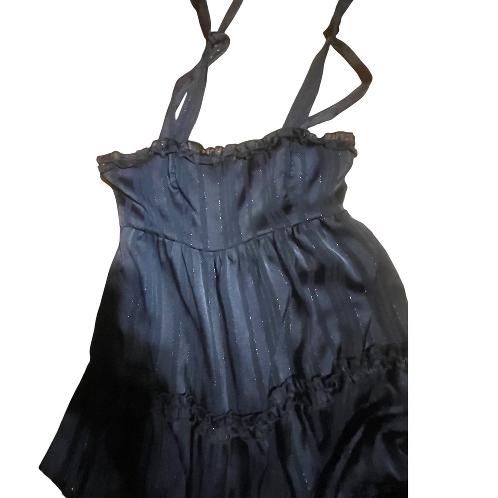Lulus Navy Blue Metallic Striped Tiered Midi Dress Tie-Strap Side Slit Small - Picture 4 of 8